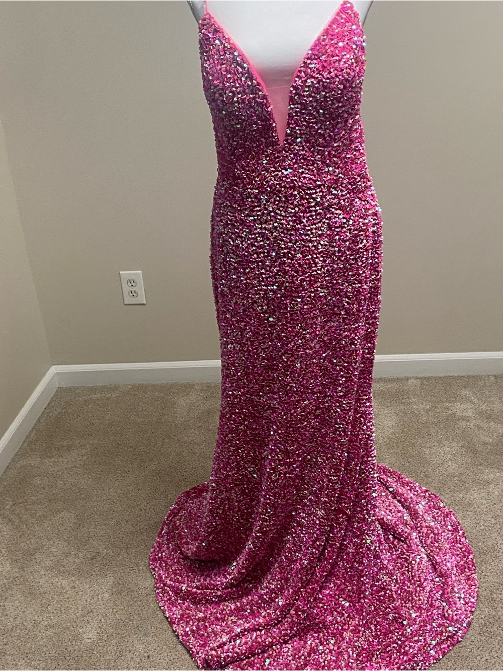 Glam Sequin Plunge Prom Dress in Hot Pink